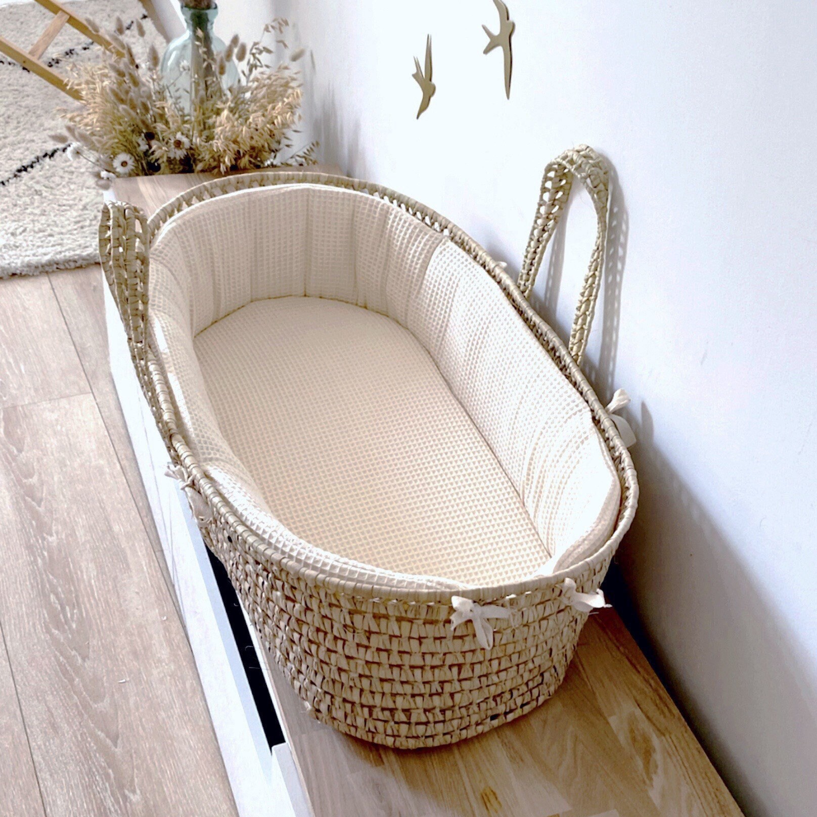 Couffin Moïse Naturel Habillage Nid d'abeille Écru