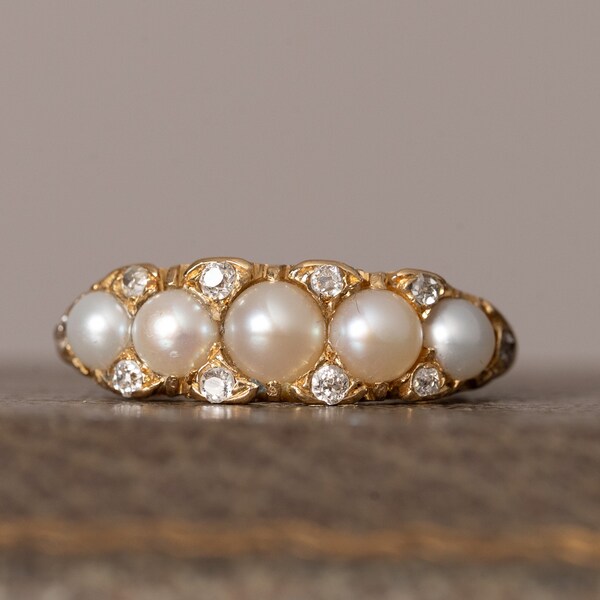 Victorian Pearl & Diamond 18ct Yellow Gold Carved Half Hoop Ring