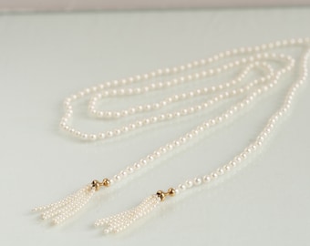 EXQUISITE Akoya Pearl Row 4.5mm - Throwover Lariat Necklace - 18ct yellow gold with Seed Pearl Tassles