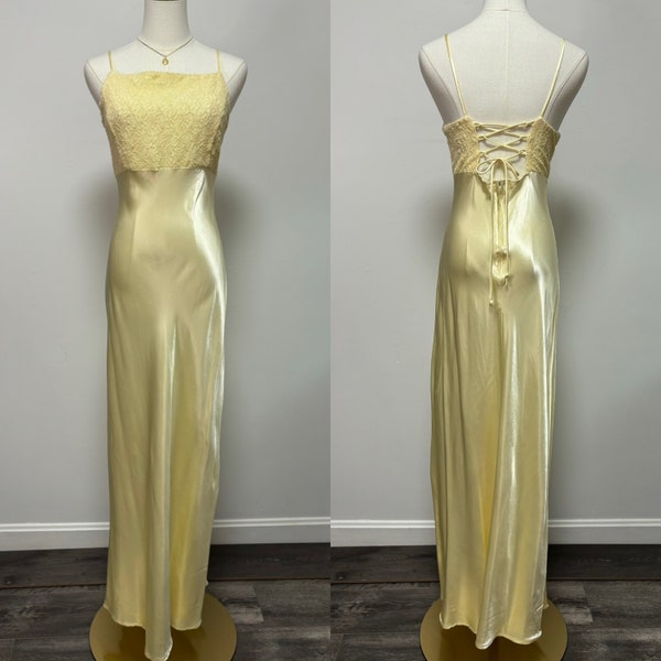 Vintage 90’s Pale Yellow Satin Prom Formal Dress | Size 9