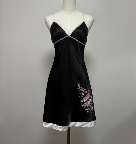 Vintage Y2K Black Floral Mini Slip Dress | Size S/