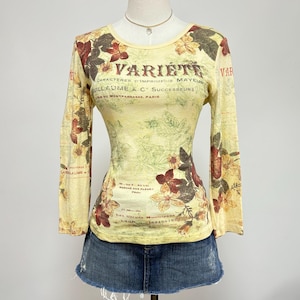 Vintage 90s Y2K Pale Yellow French Graphic Floral Long Sleeve Top | Size S/M
