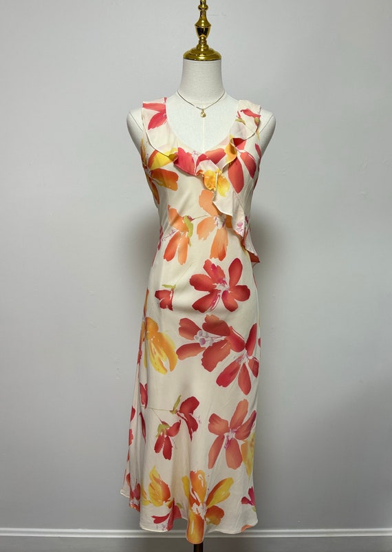 Vintage Y2K Floral Ruffle Fairy Midi Dress | Size 