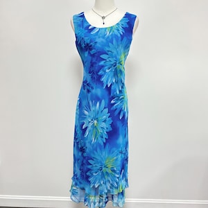 Vintage Y2K 00s Vibrant Blue Floral Midi Dress Ruffle Hem | Size L