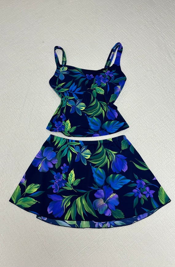 Vintage 90’s Floral Hibiscus Tankini Skirt Swimsui