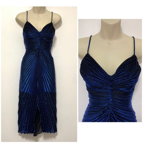 Vintage 70’s - 80’s glam disco pleated blue metallic lurex dress by T Juniors NWT Juniors Size 5 / Women’s XXS