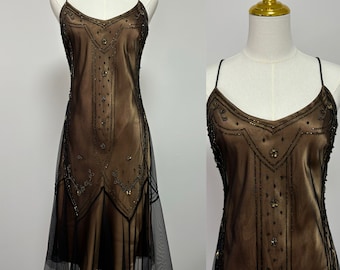 Vintage Y2K Beaded Gold Black Prom Formal Dress Homecoming | Size 9/10
