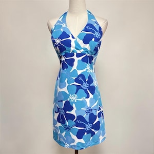 Vintage Y2K Reversible Blue Floral Striped Halter Dress | Size L
