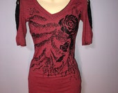 Y2K Daytrip Red Black Striped Lace Beaded Top - Size Small