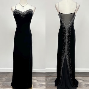 Vintage Y2K Black Velvet Beaded Prom Dress Formal Dress | Size M/L