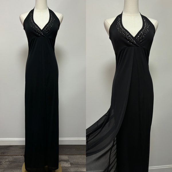 Vintage 90’s Black Studded Jeweled Halter Prom Dress | Size M