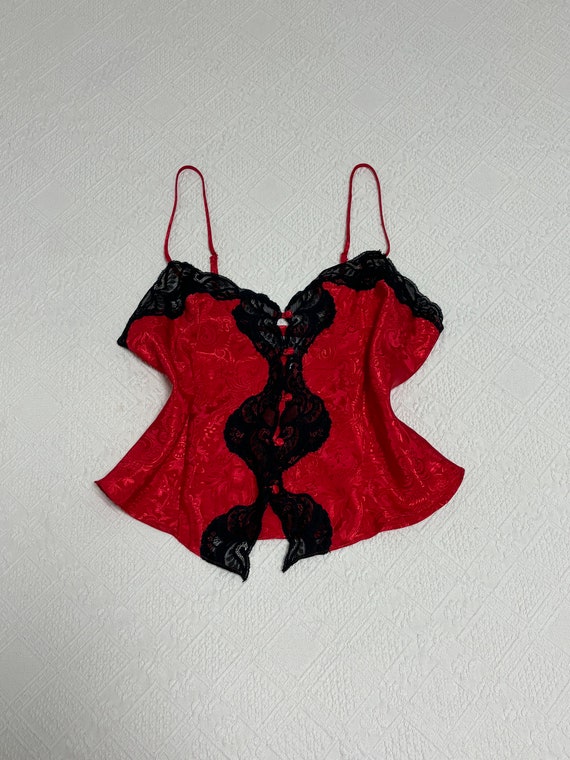 Vintage 90’s Red Black Lace Camisole Top | Size M… - image 3