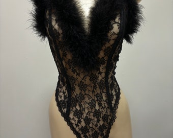 Vintage 90’s Black Marabou Lace Sheer Teddy | Size M/L