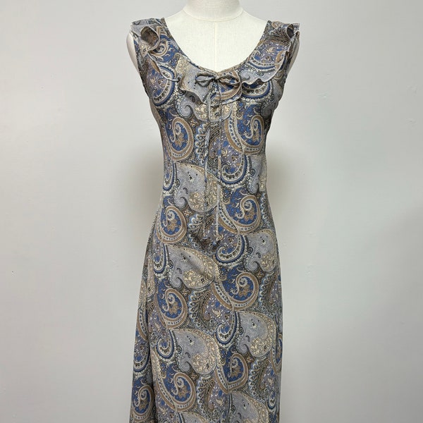 Vintage 90’s Ruffle Blue Paisley Midi Dress Earthy Boho | Size L