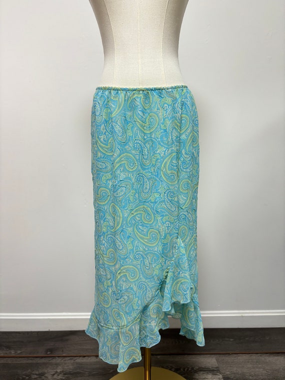Vintage Y2K Blue Paisley Ruffle Midi Skirt | Size 