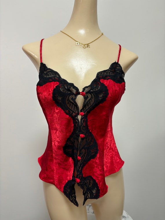 Vintage 90’s Red Black Lace Camisole Top | Size M… - image 1