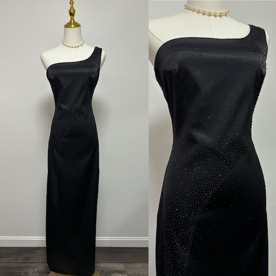 Vintage 90s Black Beaded Prom Dress Formal Dress … - image 1