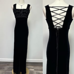 Vintage 90s Black Velvet Prom Formal Dress Lace up Back | Size S-M
