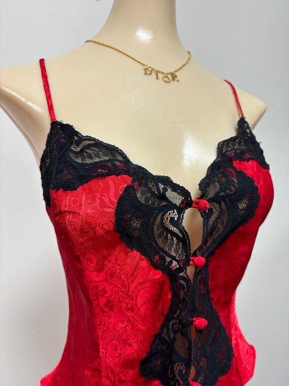 Vintage 90’s Red Black Lace Camisole Top | Size M… - image 2