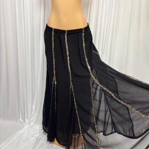May include: A black, floor-length skirt made of sheer, lightweight fabric. The skirt features a series of vertical panels accented with rows of small, reflective silver sequins that run from the elasticized waistband down to the hemline.