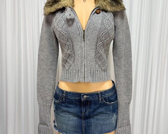 Vintage Y2K Grey Fur Knit Cropped Cardigan Sweater