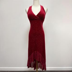 Vintage 90’s Red Velvet Sparkle Asymmetric Halter Formal Dress Homecoming Prom | Size L