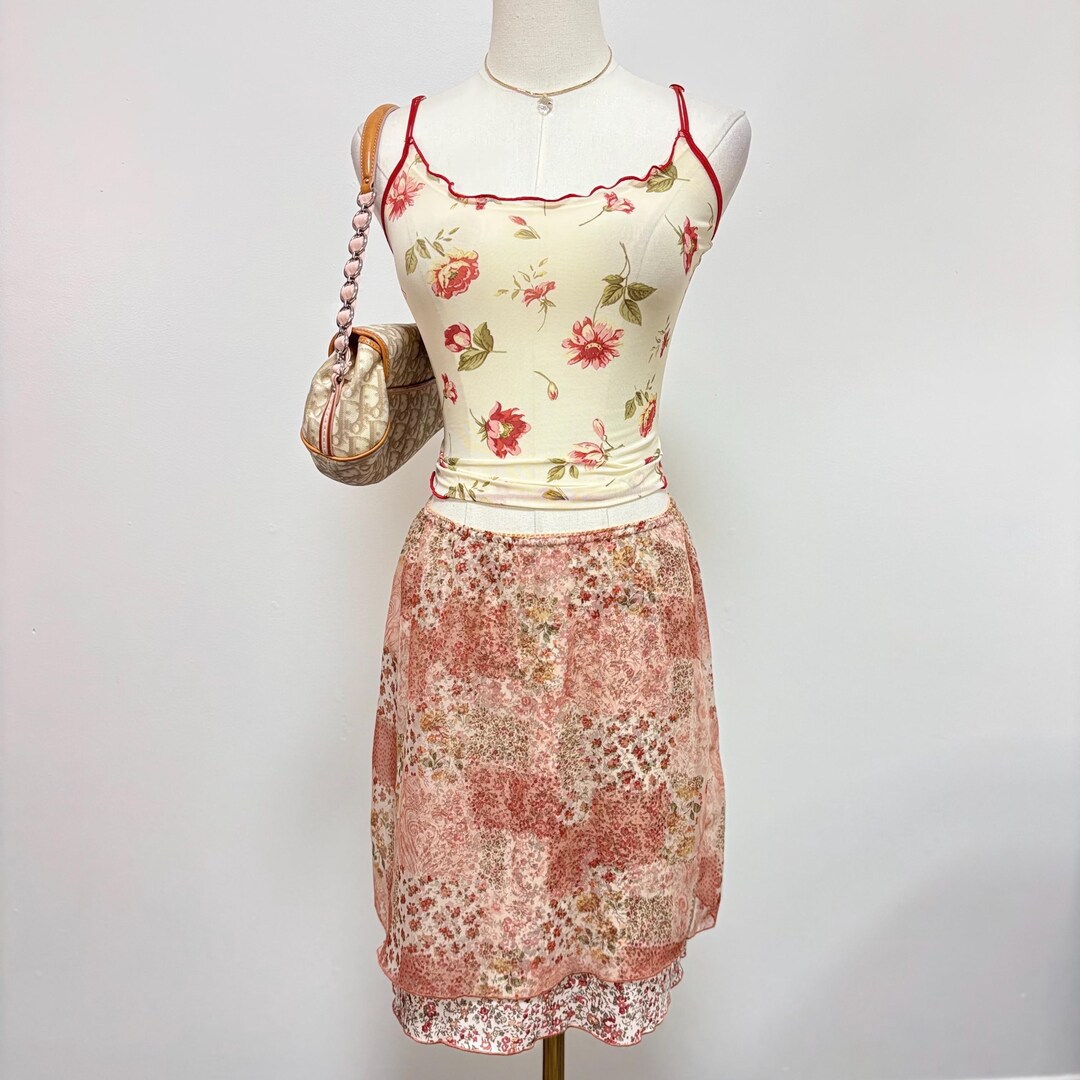 90s Floral Satin Midi Skirt (XS/S)