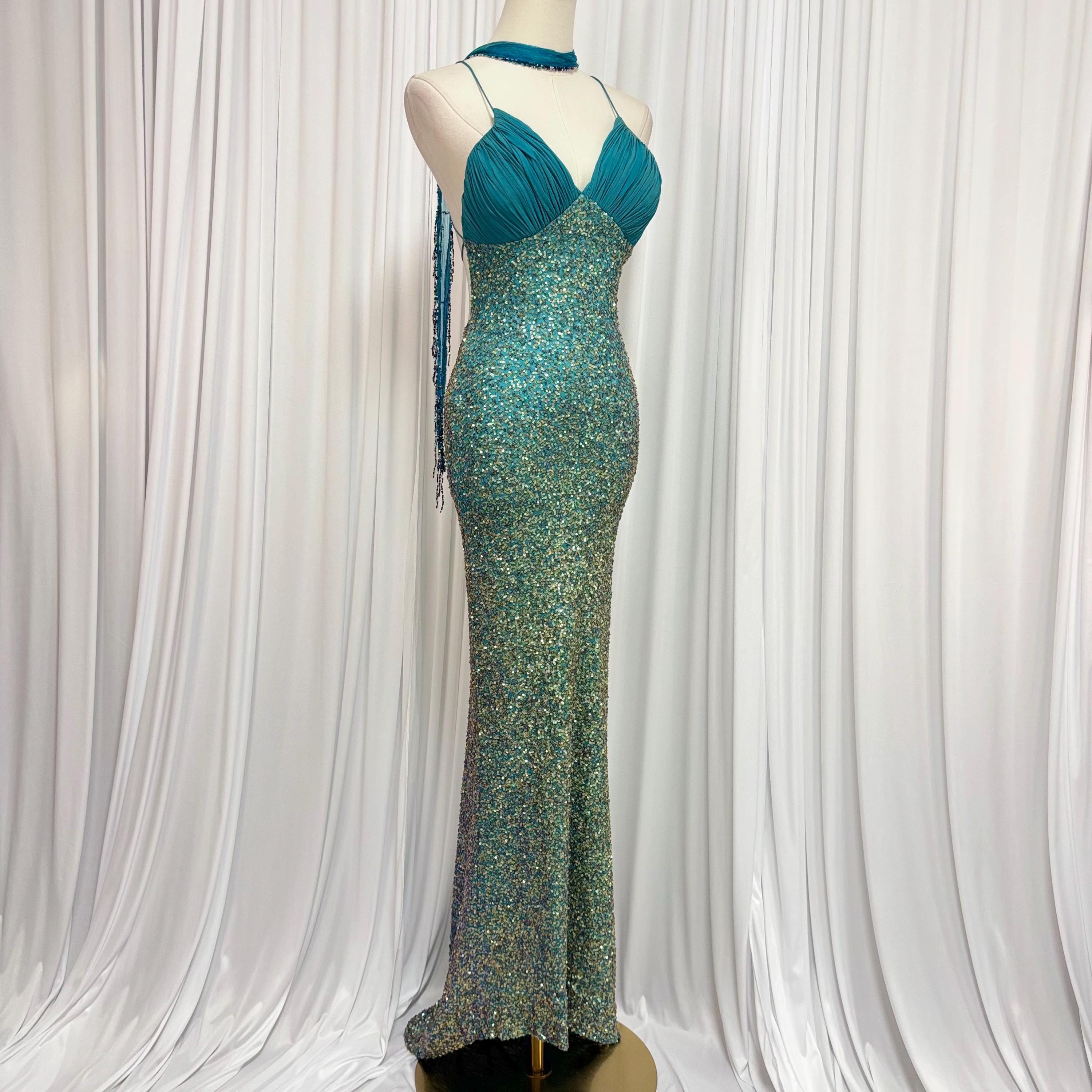 Vintage Y2K Blue Silk Sequin Mermaid Maxi Formal Dress, Prom Dress | Size  XS - Etsy