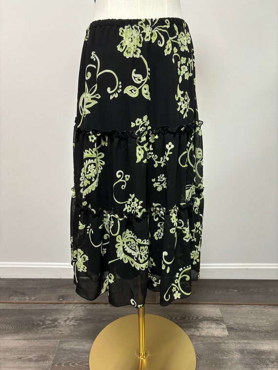 Vintage Y2K Black & Green Floral Midi Skirt | Siz… - image 3