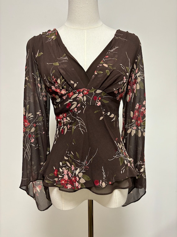 Vintage Y2K - 90’s Brown Silk Floral Top | Size S/