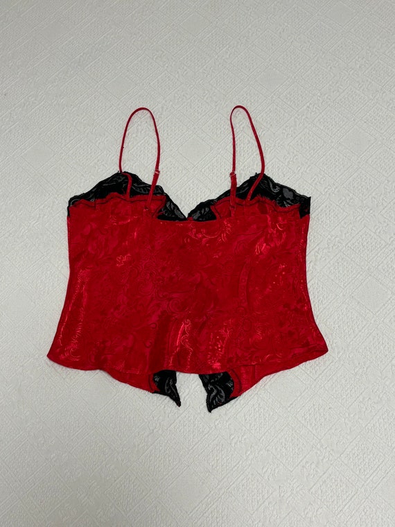 Vintage 90’s Red Black Lace Camisole Top | Size M… - image 4