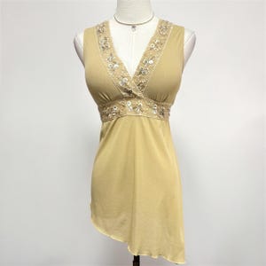 Vintage Y2K Tan Beaded Asymmetric Mesh Cami Tank Top | Size L