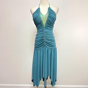 Vintage Y2K 00’s Blue Sequin Halter Plunge Formal Midi Dress | Size L