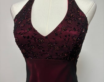 Vintage Y2K Black Red Beaded Halter Prom Formal Dress | Size 3