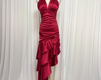 Vintage Y2K Red Satin Asymmetrical Formal Halter Dress, Prom, Homecoming | Size S