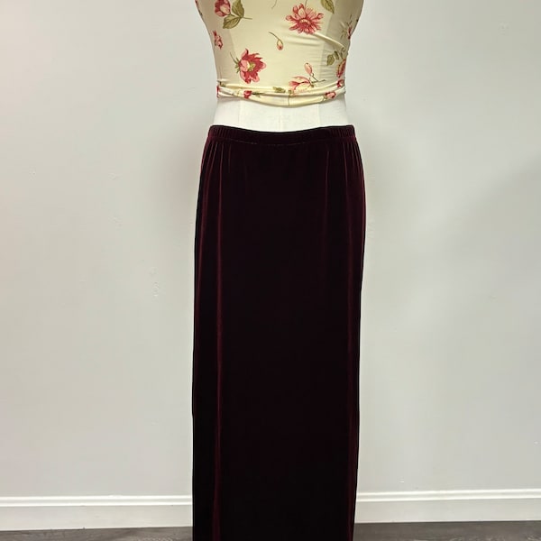 Vintage 90’s Dark Red Velvet Long Maxi Skirt | Size L