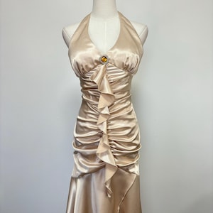 Vintage Y2K Cream Satin Ruffle Halter Prom Formal Dress | Size S