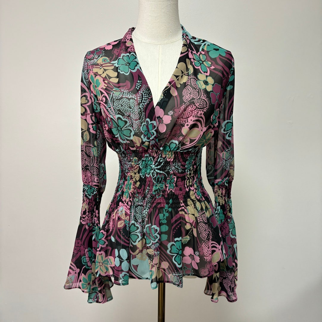 Women's 60s 70s Disco Party Top - Y2K Floral Bell Sleeve Sheer Mesh Crop Blouse