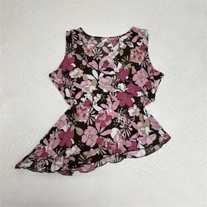 Vintage 90s Brown & Pink Floral Ruffle Asymmetric Tank Top | Size XL/XXL