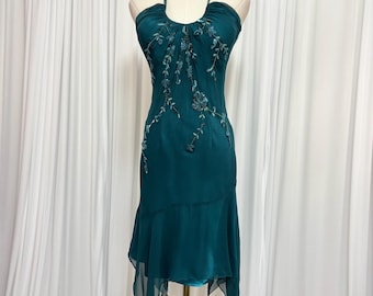 Vintage Y2K Teal Blue Silk Beaded Fairy Goth Mermaid Formal Prom Dress | Size S-M