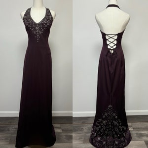 Vintage 90’s Dark Plum Purple Beaded Halter Prom Dress Formal Gown | Size L