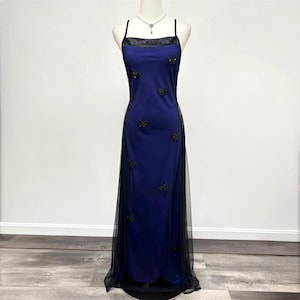 Vintage 90s Butterfly Navy Blue Black Mesh Overlay Prom Formal Dress | Size L