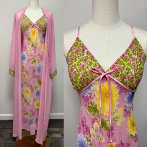 Vintage Y2K Pink Floral Nightgown and Robe Set | Size M