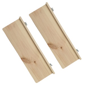 May include: Two natural wood shelves with metal brackets. The shelves are unfinished and ready to be stained or painted.