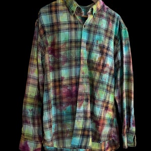 Bleached and Ice Dyed Upcycled Flannel Button Down Shirt, Unisex, Size XL