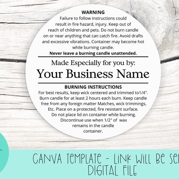 Canva Template - Candle warning label - Editable for small business