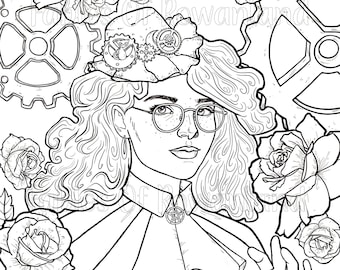 Printable adult coloring page, Steampunk Witch, Instant download fantasy art