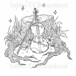 Printable Magic Violin Coloring Page, Instant Download, Fantasy Violin Instrument coloring sheet, Violin gifts, Original Art