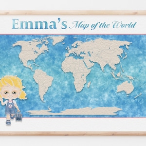 Interaktive Weltkarte für Globe-Trotting-Tots mit personalisierbarer Namens- und Charakterillustration