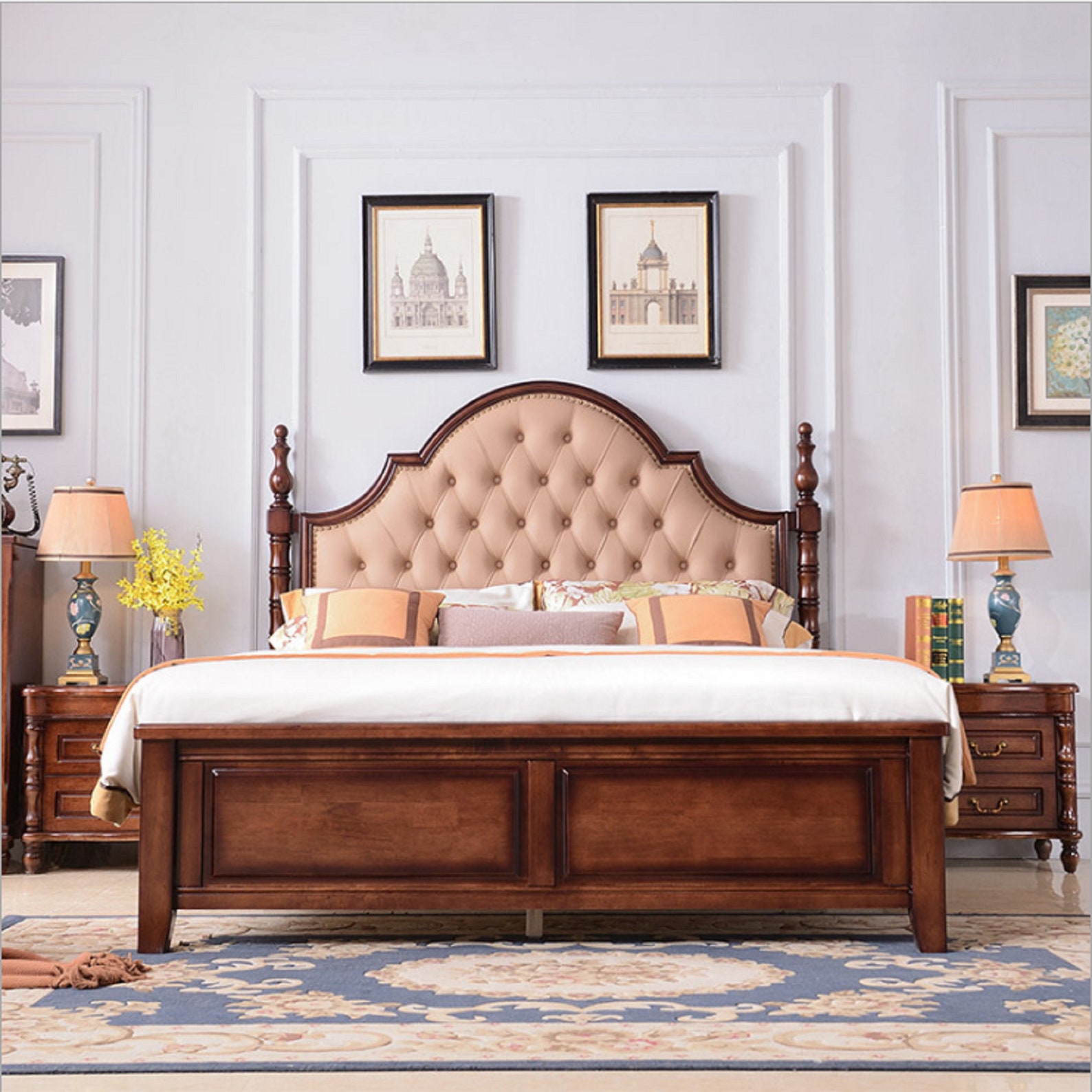 Solid wood bed  modern minimalist bedside  soft main bedroom 
